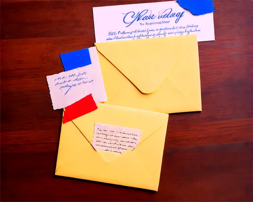 Yellow envelope, rectangular shape, white paper inside, blue ink handwritten letter, sealed with red wax stamp, torn open, scattered papers around, wooden desk, soft focus, warm lighting, 3/4 composit