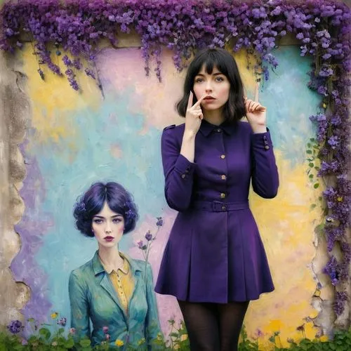 vintage girls,violette,vintage women,vintage flowers,violets,violet colour,Art,Artistic Painting,Artistic Painting 49