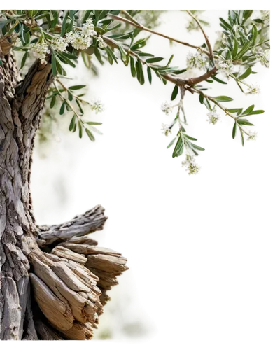 Olive tree, Mediterranean style, ancient gnarled trunk, twisted branches, small white flowers, green olives, sunny afternoon, warm light, soft focus, 3/4 composition, shallow depth of field, natural c