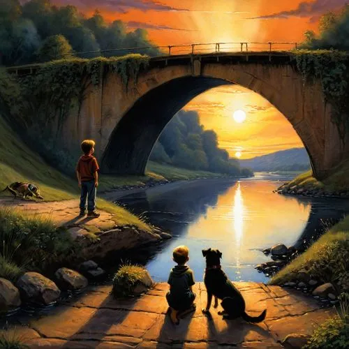 adventure bridge,boy and dog,rainbow bridge,walking dogs,explorers,romantic scene,Illustration,Realistic Fantasy,Realistic Fantasy 32