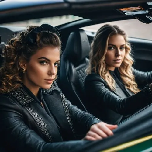 A captivating and vibrant photograph of total front view of the famous Krachten in Amsterdam, Nederlands before windscreen, back-view of two stunning young women, aged 18 and 19, in the cockpit of a s