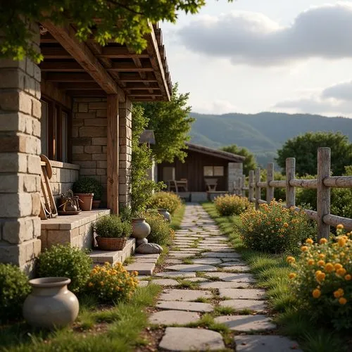 home landscape,cottage garden,korean folk village,alpine pastures,cryengine,alpine village,summer cottage,country cottage,teshima,sake gardens,landscaping,beautiful home,bucolic,idyll,roof landscape,pathway,cottages,alpine landscape,rustic,countryside