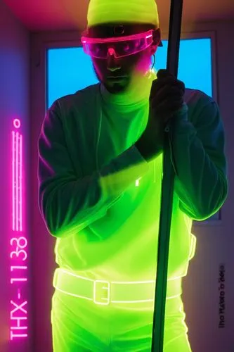 Color the drawing in post-apocalyptic, cyberpunk, vaporwave style,a person holding a bat in the room,neon human resources,fluorescent dye,utilityman,syglowski,uv,neons,Photography,Artistic Photography