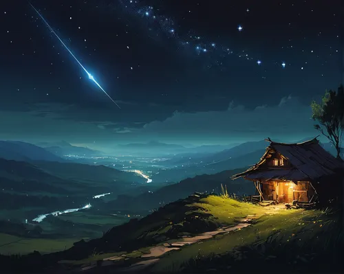 starry sky,fireflies,night scene,starry night,fantasy landscape,the night sky,home landscape,lonely house,night sky,night stars,landscape background,nightsky,nightscape,meteor shower,fantasy picture,starlight,evening atmosphere,astronomy,stargazing,falling stars,Conceptual Art,Fantasy,Fantasy 06