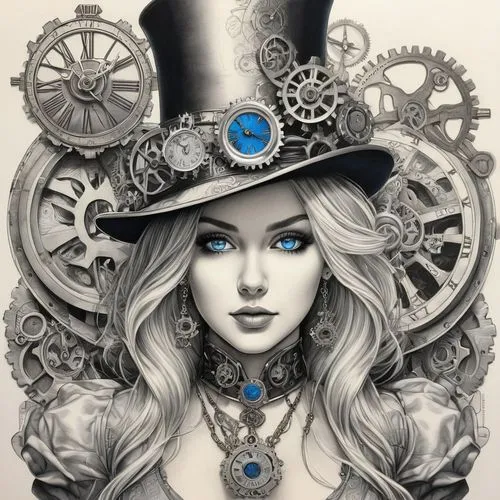 steampunk,steampunk gears,hatter,clockmaker,victoriana,clockwork,Illustration,Black and White,Black and White 30