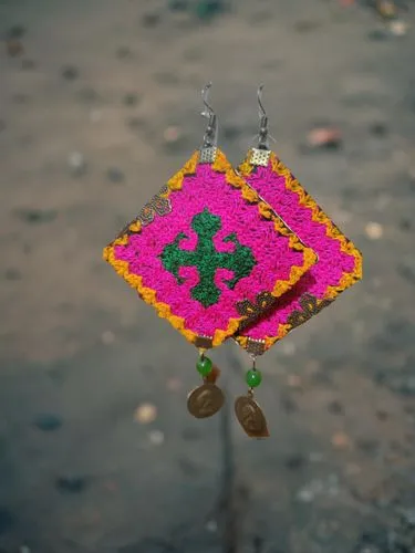 some tiny earrings with beads hanging from them,sankranti,rangoli,cardano,huichol,hamsa,floral rangoli