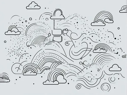 a black and white drawing of a rainbow in the sky,cloud mountain,cloud mountains,cloud mushroom,paper clouds,cloud play,cloud shape,Illustration,Black and White,Black and White 04