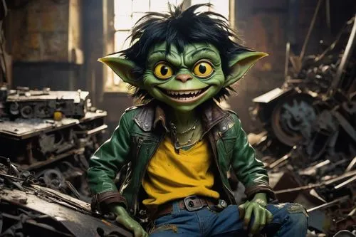 Mischievous gremlin, wide toothy smile, pointed ears, green skin, messy black hair, bright yellow eyes, worn leather jacket, torn denim pants, rusty metal belt buckle, sitting on a pile of junk, old c