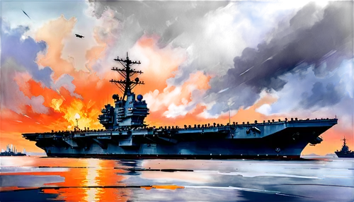 Aircraft carrier, warship, massive structure, dark grey metal, flat deck, island superstructure, radar antennas, smokestacks, naval cannons, military helicopters, fighter jets, evening sunset, low-ang