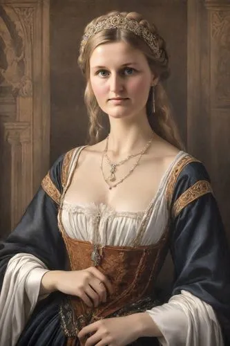 A picturesque portrait of a noble young girl in the painting style of Leonardo Davinci. The woman is dressed in an expensive dark dress from the 14th century with a deep neckline. Hair collected. The 