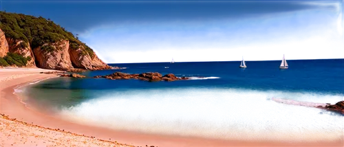 calm ocean, blue waves, clear water, sunlight reflection, sandy beach, rocky shoreline, seagulls flying overhead, sailboat in distance, gentle breeze, morning light, 3/4 composition, shallow depth of 