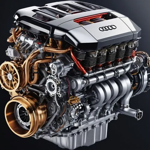 an industrial design architecure satercolor sketch of a beautiful 5 cylinders: 2.5 TFSI engine (Audi) futuristic motor engine concept model, close up, futuristic style with all the data related to its