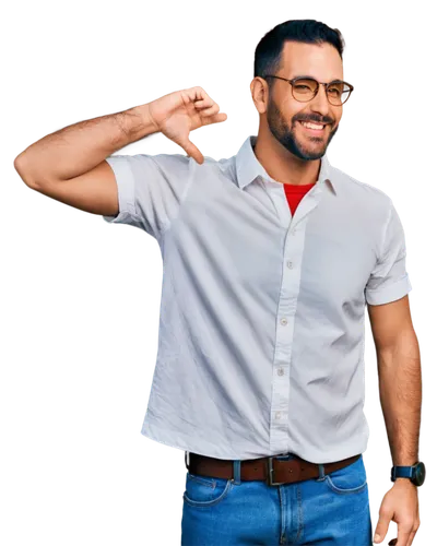 Male, Cuban, mature, solo, (40yo), short black hair, thick beard, sunglasses, white shirt, rolled up sleeves, dark blue jeans, brown belt, standing, relaxed posture, warm smile, natural makeup, soft f