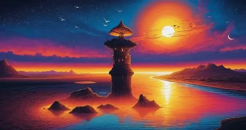 fantasy picture,lighthouse,fantasy landscape,lava lamp,fantasy art,lighthouses,gallifrey,salt lamp,dreamscape,astronomy,futuristic landscape,oriental lantern,light house,fairy chimney,space art,world digital painting,red lighthouse,phare,dreamscapes,illuminated lantern,Illustration,Realistic Fantasy,Realistic Fantasy 25