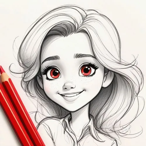 red pen,eyes line art,girl drawing,cute cartoon character,fire red eyes,acerola,poppy red,illustrator,girl portrait,cute cartoon image,kids illustration,cartoon character,beautiful pencil,to draw,pencil frame,big eyes,a girl's smile,little red riding hood,pencil icon,children's eyes,Illustration,Black and White,Black and White 08