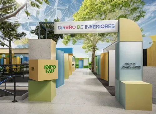 Expossitive fair for university, carreer interior desing, trees out of canopy color of models, light yellow, blue sky, soft green, concrete floor,school design,eco hotel,eco-construction,recycling wor