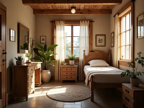 Cozy dormitory, warm earthy tones, natural wood accents, soft beige walls, plush carpets, rustic stone floors, wooden furniture, vintage decor, distressed finishes, creamy whites, soothing pastels, mo