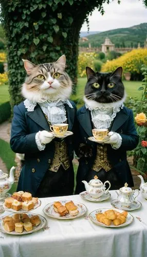 tea party cat,caterers,oktoberfest cats,vintage cats,cat drinking tea,caterer,Illustration,Realistic Fantasy,Realistic Fantasy 05