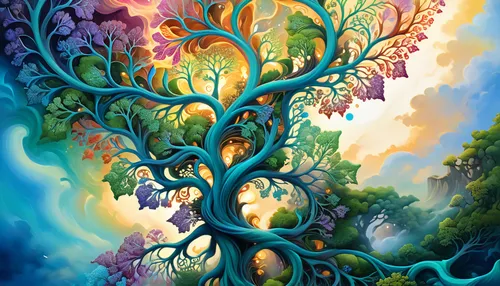 colorful tree of life,tree of life,flourishing tree,celtic tree,magic tree,fractals art,the branches of the tree,painted tree,watercolor tree,flower tree,mantra om,fractal art,mother earth,fractal environment,the branches,branching,tangle,fantasy art,psychedelic art,wondertree,Illustration,Realistic Fantasy,Realistic Fantasy 01