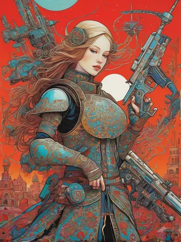 valerian,amano,dune 45,sci fiction illustration,girl with gun,girl with a gun,rosa ' amber cover,joan of arc,vigilant,andromeda,cyberpunk,dune,sagittarius,katana,cyborg,rifle,cg artwork,sci fi,scifi,dystopian,Illustration,Abstract Fantasy,Abstract Fantasy 04