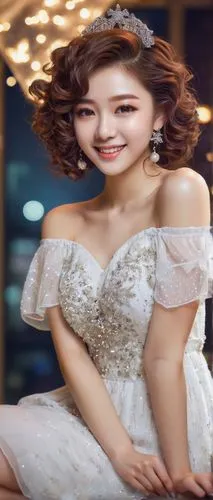 Miss Starry, beautiful girl, idol, sparkling eyes, bright smile, curly brown hair, glamorous makeup, slender figure, white off-the-shoulder dress, glittering star-shaped brooch, high heels, posing, sh