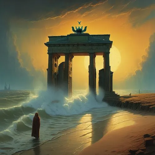 egyptian temple,siggeir,brandenburg gate,herakleion,friedrich,atlantica,fantasy picture,nestruev,atlanticism,wieslaw,brandenburger tor,world digital painting,sea shore temple,brand front of the brandenburg gate,the ancient world,kemet,donsky,sturm,ancient city,fantasy art,Conceptual Art,Fantasy,Fantasy 01