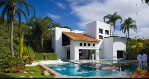 EL EXTERIOR DE UNA CASA CON ESTILO MEXCANO MODERNO, USO DE COLORES VIBRANTES, MATERIALES REFIONALES, TEJA, VIGAS DE MADERA, EN UN AMBIENTE EXUBERANTE, ESTANQUE DE AGUA AL FRENTE.,two men standing next