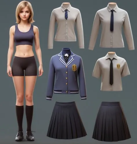 Paper doll British 16 year old schoolgirl in black sleeveless shirt ,black tight fit spandex shorts with black sock and black shoe standing surrounded by with a set of british school uniform, shirt, g