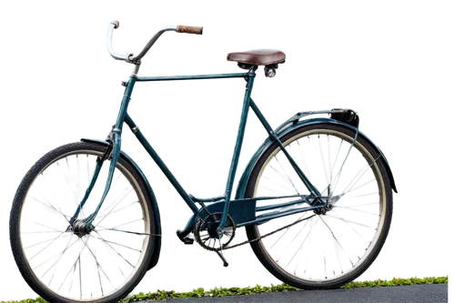 Vintage bicycle, rusty chain, worn-out saddle, old-fashioned pedals, metal frame, curved handlebars, leather straps, wooden wheels, morning dew, soft sunlight, shallow depth of field, warm color tone,