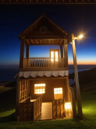 lifeguard tower,night view,stilt house,night photograph,monte rosa hut,nightview,dunes house,night photo,long exposure light,at night,beach hut,fisherman's hut,night light,beach house,cabins,night photography,night shot,alpine hut,chalet,photo session at night,Photography,General,Realistic