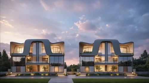 Create a high-resolution rendering of a modern, luxurious house with smooth, curved lines and a multi-level concrete structure. The house should feature large glass windows, a balcony with greenery on