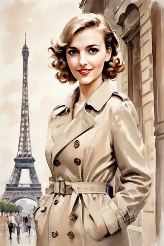 paris clip art,french digital background,world digital painting,girl in a historic way,vintage woman,art deco background,universal exhibition of paris,portrait background,women fashion,vintage girl,paris,photo painting,retro woman,image manipulation,photoshop manipulation,trench coat,vintage fashion,eiffel,vintage women,audrey hepburn,Digital Art,Watercolor