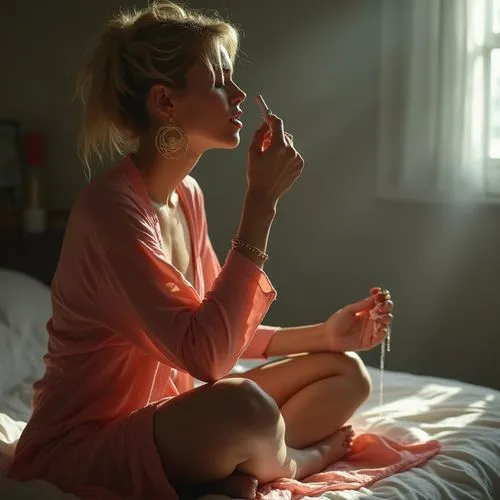 smoking girl,girl smoke cigarette,blonde woman reading a newspaper,morning light,girl in bed,pyjama