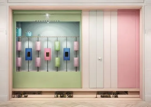 2 meters by 3 meters Pandora pop up shop collaborating with monsters inc showing friendship, power, lovable monsters, circle flooring and circle ceiling, 5 dangling steel columns, small wooden  doors 