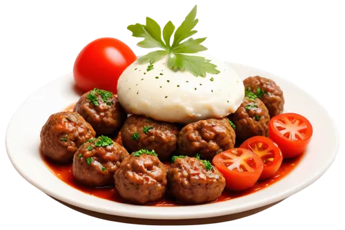 Meatballs, Italian cuisine, solo, plate, 3-4 pieces, juicy, browned, savory, white plate, garnish with parsley, cherry tomatoes, mozzarella cheese, close-up, shallow depth of field, warm lighting, app