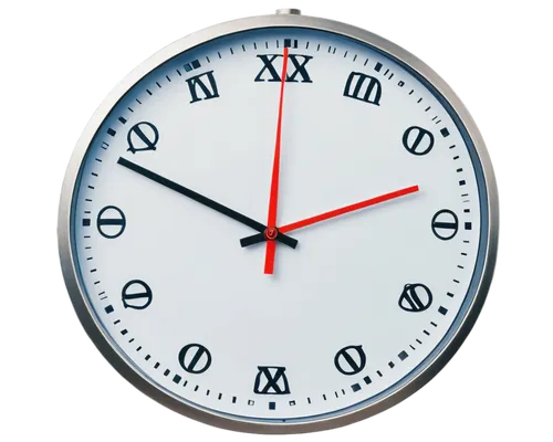 Cartoonish clock, tick-tock sound, metallic body, round face, white background, Roman numerals, short hour hand, long minute hand, second hand with red tip, shiny surface, reflective lighting, close-u