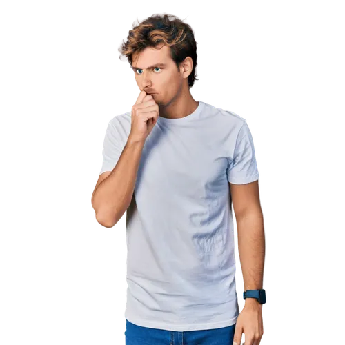 Man, picking nose, casual posture, messy hair, facial expression embarrassed, white shirt, blue jeans, sneakers, fingers in nostrils, close-up shot, shallow depth of field, natural light, 3/4 composit