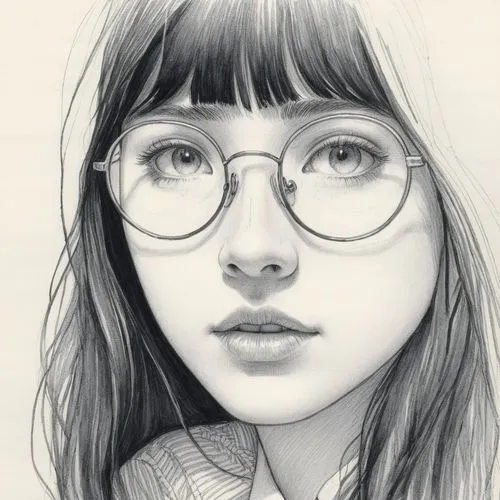 女孩，眼镜，衬衫，黑色长发，素描，黑白,a pencil drawing of a girl with glasses,girl portrait,graphite,girl drawing,digital drawing,mathilda,pencil drawing,Illustration,Black and White,Black and White 13