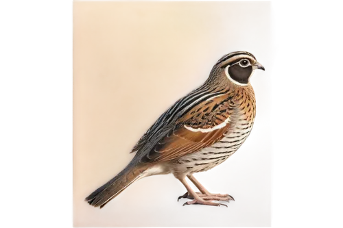 Small quail, brown feathers, white belly, black stripes, tiny beak, bright eyes, perched, solo, morning light, soft focus, warm color tone, 3/4 composition, shallow depth of field, natural scenery.,bo