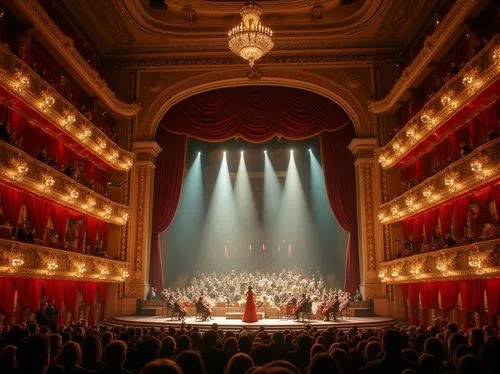 Grand opera house, luxurious interior, intricate Baroque architecture, ornate details, red velvet curtains, golden balconies, crystal chandeliers, grand staircase, majestic high ceiling, refined atmos