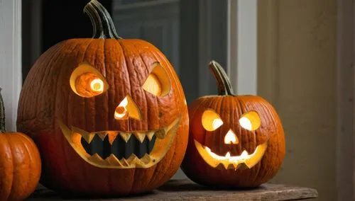 May he have a more pumpkin and scarier head,three jack o lantern pumpkins on display outside,funny pumpkins,halloween pumpkins,halloween pumpkin gifts,decorative pumpkins,pumpkin heads,jack o'lantern,