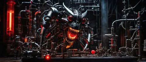 Mechanized monsters, futuristic laboratory setting, steel tables, test tubes, machinery, wires, metal limbs, glowing red eyes, sharp teeth, metallic scales, hydraulics, pipes, steam effects, industria