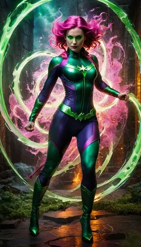 A realistic full-body portrayal of a female superhero, inspired by Blink of the Marvel Comics. She has magenta-pink skin and pointed ears, her bright green eyes standing out. Her costume is a mix of g