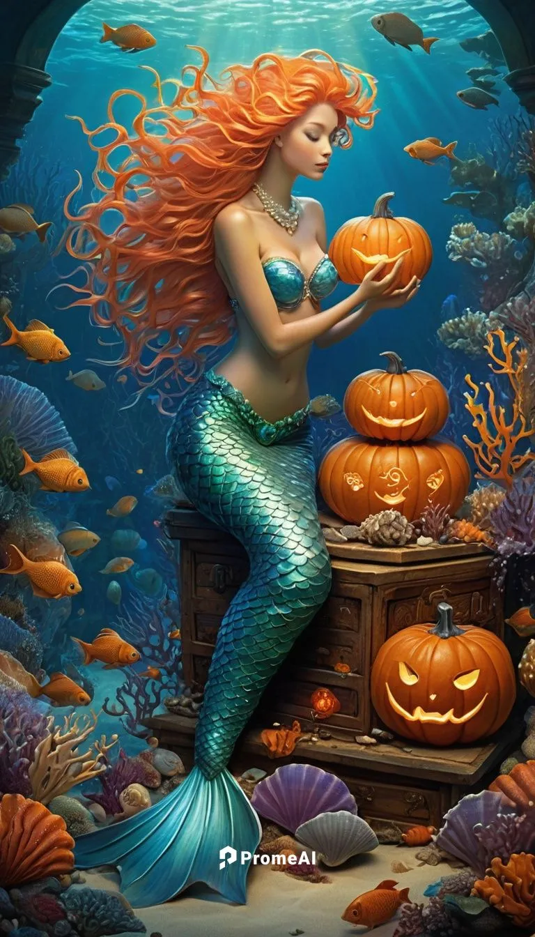 mermaid, underwater, pumpkin carving, orange glowing lantern, seaweed hair, shimmering scales, iridescent tail, pearl necklace, seashell bra, oceanic surroundings, coral reef, schools of fish swimming