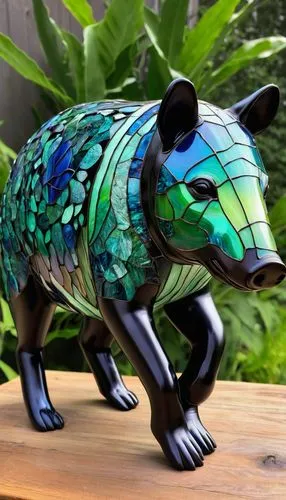 tiffany glass art tapir,a stained glass statue of a bear on a wooden table,boar,jaguar,tapir,panther,glass yard ornament,color rat,alebrije,tapirs,wild boar,blue tiger,polychromed,javelina,palmerino,b