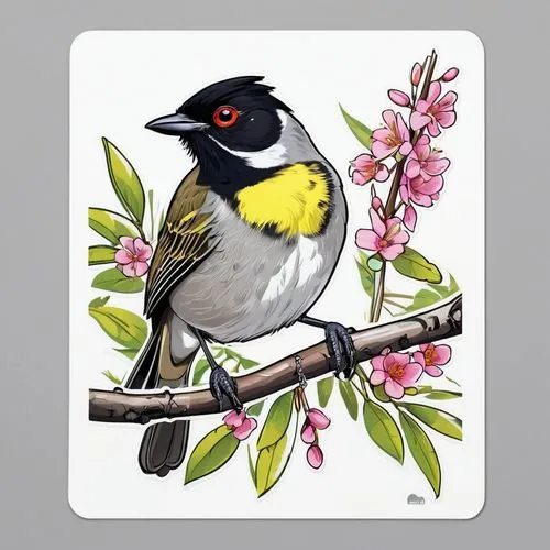 bananaquit,flower and bird illustration,himalayan bulbul,bushshrikes,bushshrike,honeyeater,spring bird,sooty-headed bulbul,honeyeaters,orange-bellied flowerpecker,little wattle-bird,bird illustration,flowerpecker,rose breasted grosbeak,bulbuls,scarlet honeyeater,wattlebird,kinglet,pied horn bill,bulbul,Unique,Design,Sticker