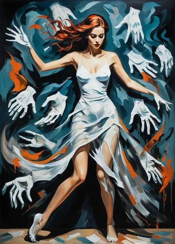 dance of death,dance with canvases,danse macabre,dancing flames,hand digital painting,whirling,fire dance,arms outstretched,flamenco,firedancer,sorceress,psyche,gesture,folded hands,dancer,woman pointing,bodypainting,neon body painting,flame spirit,white figures,Conceptual Art,Oil color,Oil Color 24