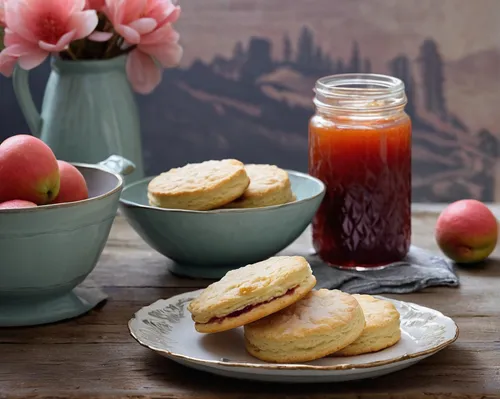 Transport your reader to a cozy winter cabin, where the protagonist spreads thick guava jam on homemade biscuits, evoking feelings of comfort and nostalgia.,apple jam,still life with jam and pancakes,