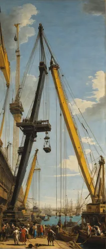 Describe the majestic loading cranes towering over the bustling dockyard.,boats in the port,harbor cranes,harbor crane,manila galleon,barquentine,port cranes,seaport,regatta,galleon,galleon ship,the l