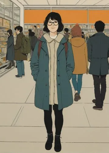 Show me situations where you are smiling brightly,a woman in a blue jacket walks down a store aisle,hosoda,phonogram,shopgirl,tatsuro,mari makinami,woman shopping,chomet,yodobashi,shoplifters,parka,hi